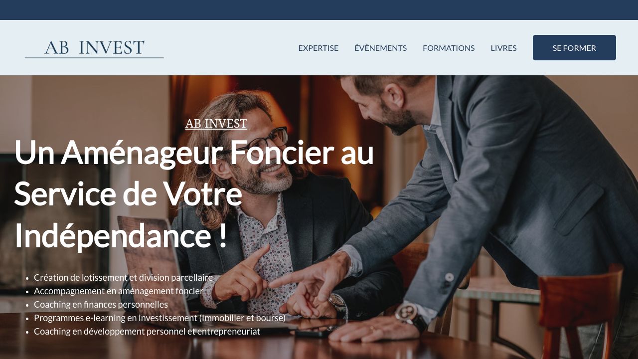 Capture du site AB Invest, avec ses rubriques Expertise, Événements, Formations et Livres.