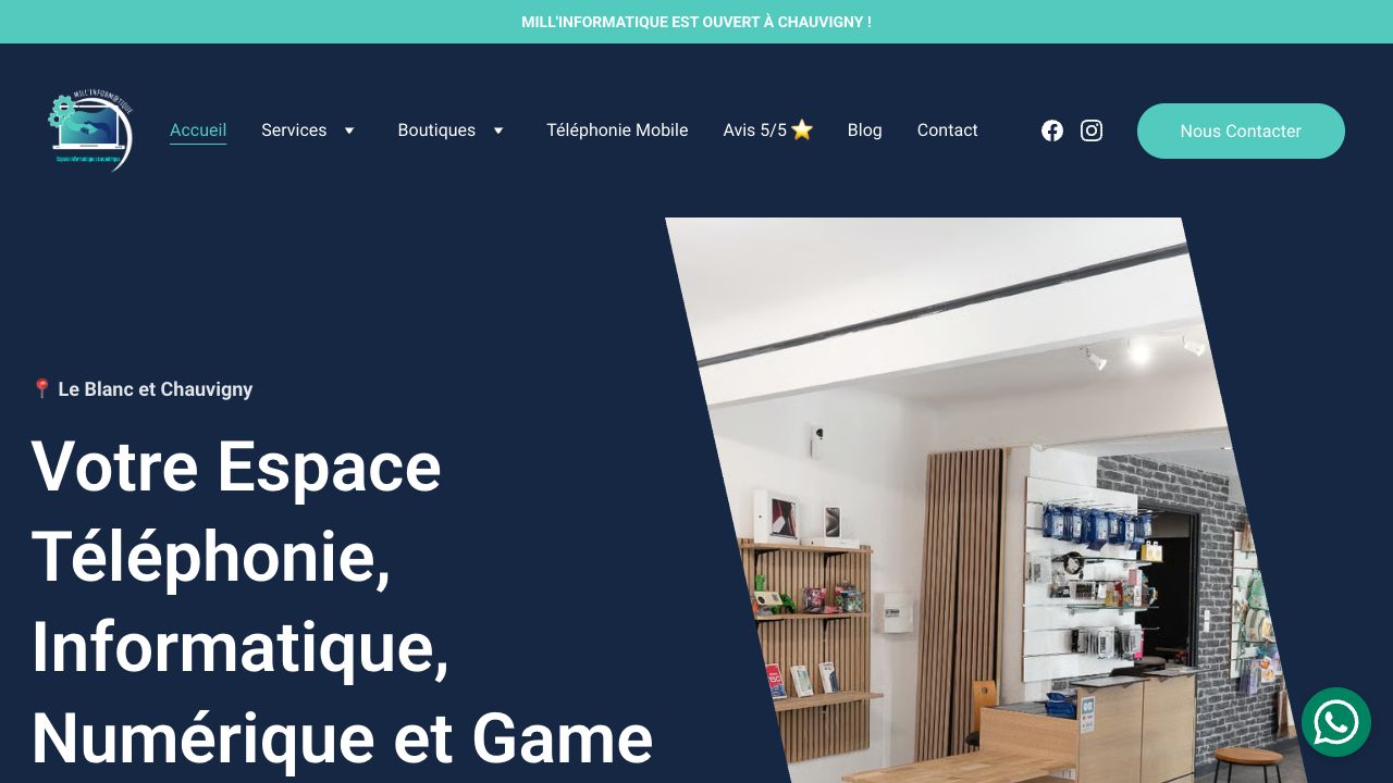 Capture du site Mill’Informatique présentant ses services et ses boutiques au Blanc et à Chauvigny.