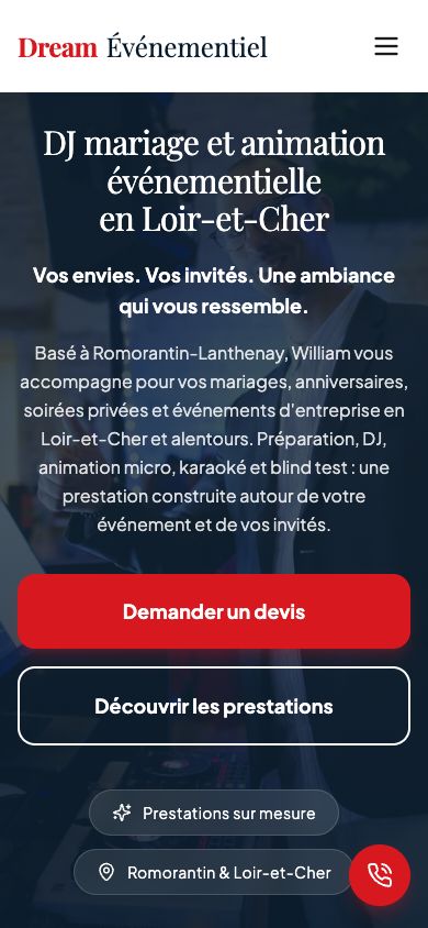 Dream Évènementiel : page d’accueil sur mobile