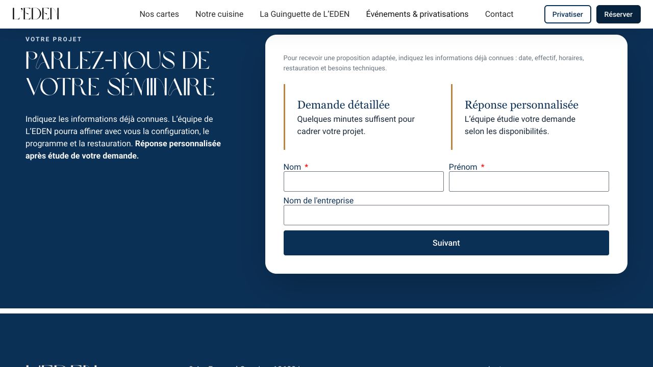 L’Eden Restaurant : formulaire de demande de séminaire