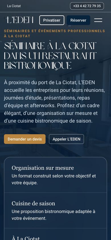 L’Eden Restaurant : page Séminaire sur mobile