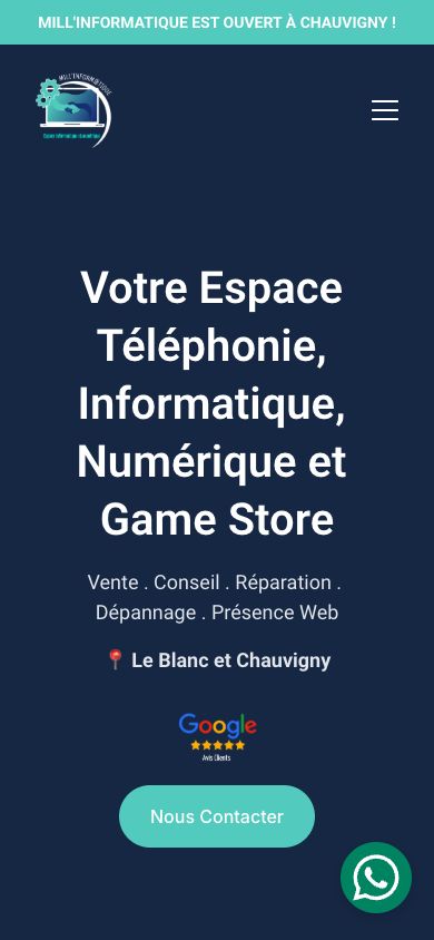 Mill’Informatique : page d’accueil sur mobile